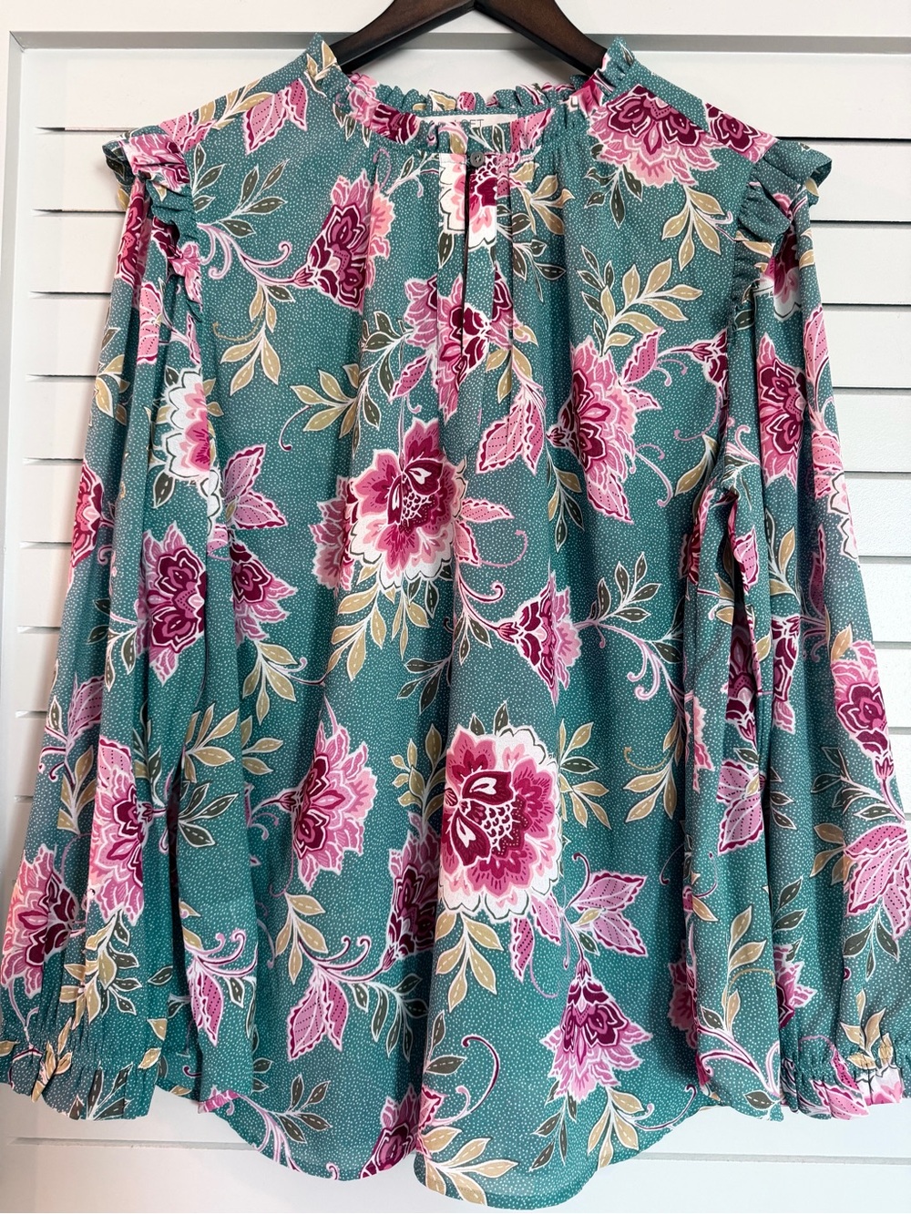 LOFT Teal Floral Ruffle-Trim Long Sleeve Blouse with Pink Accents